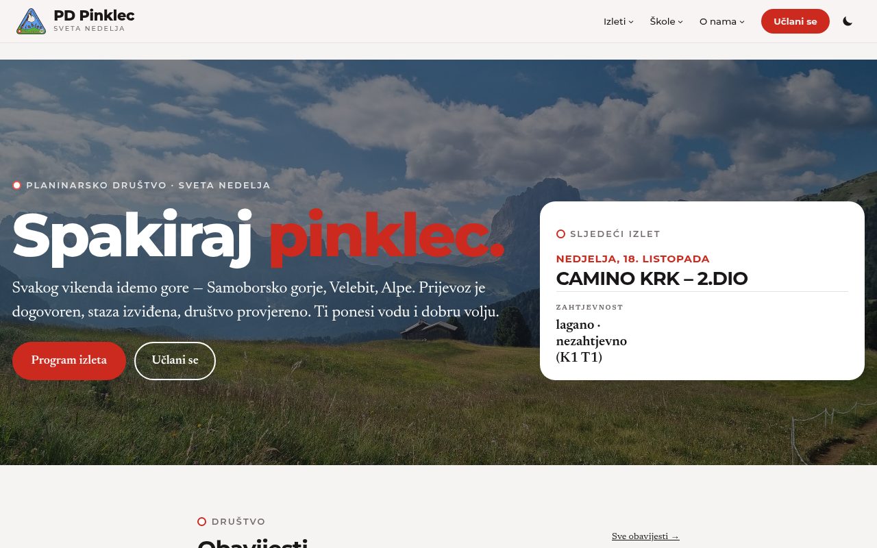 Primjer: web stranica planinarskog društva